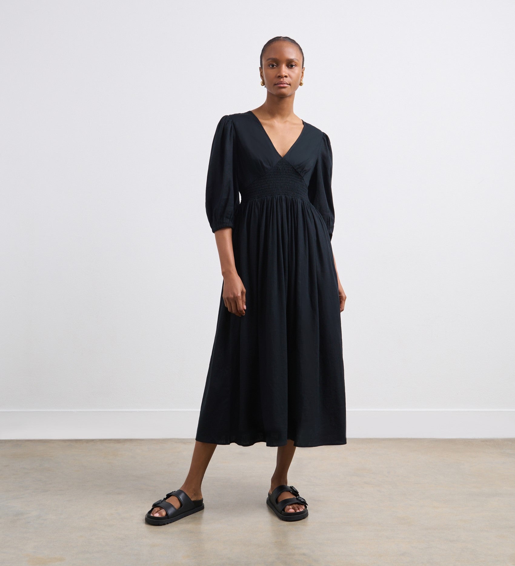 Black linen midi dress online