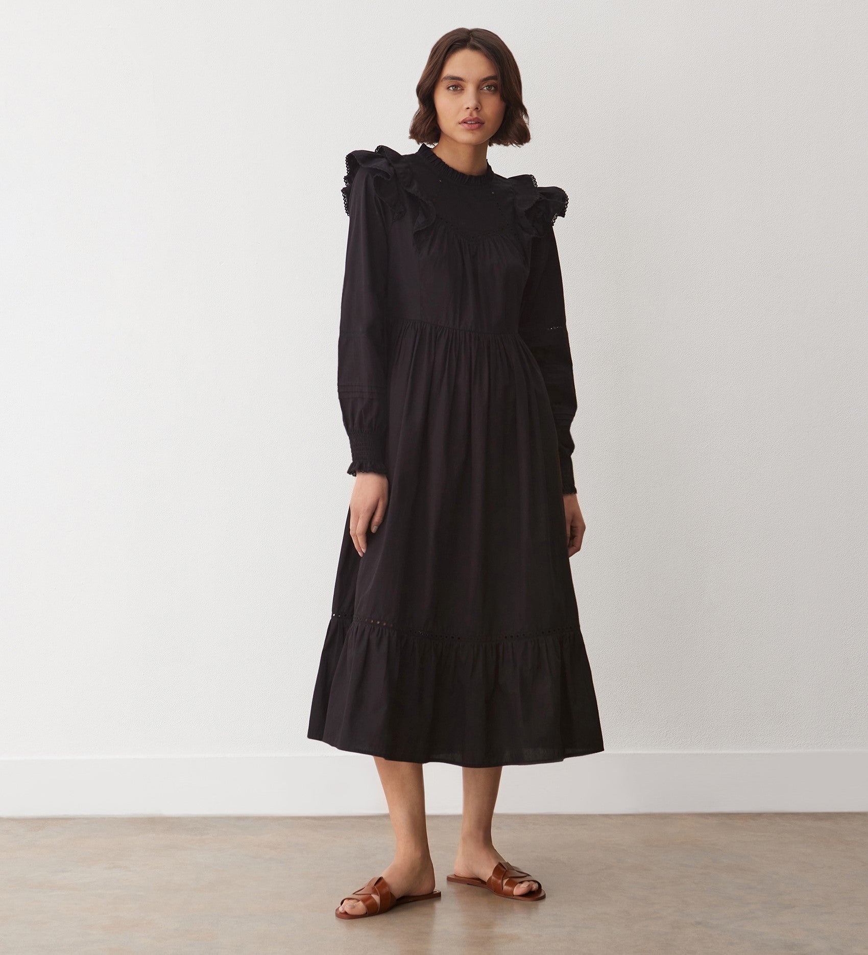 Adela Black Cotton Midi Dress