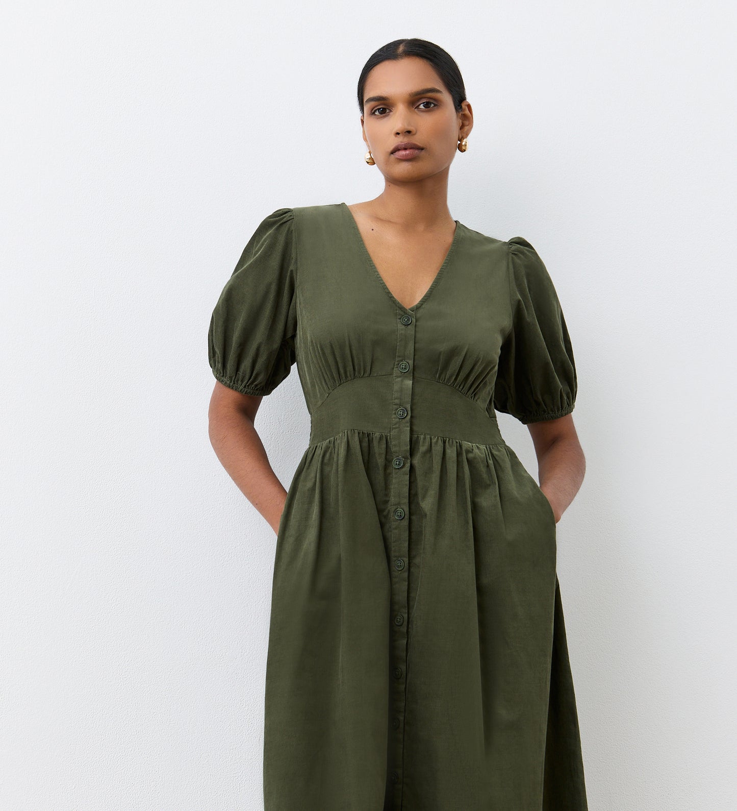 Arlow Khaki Corduroy Midi Dress