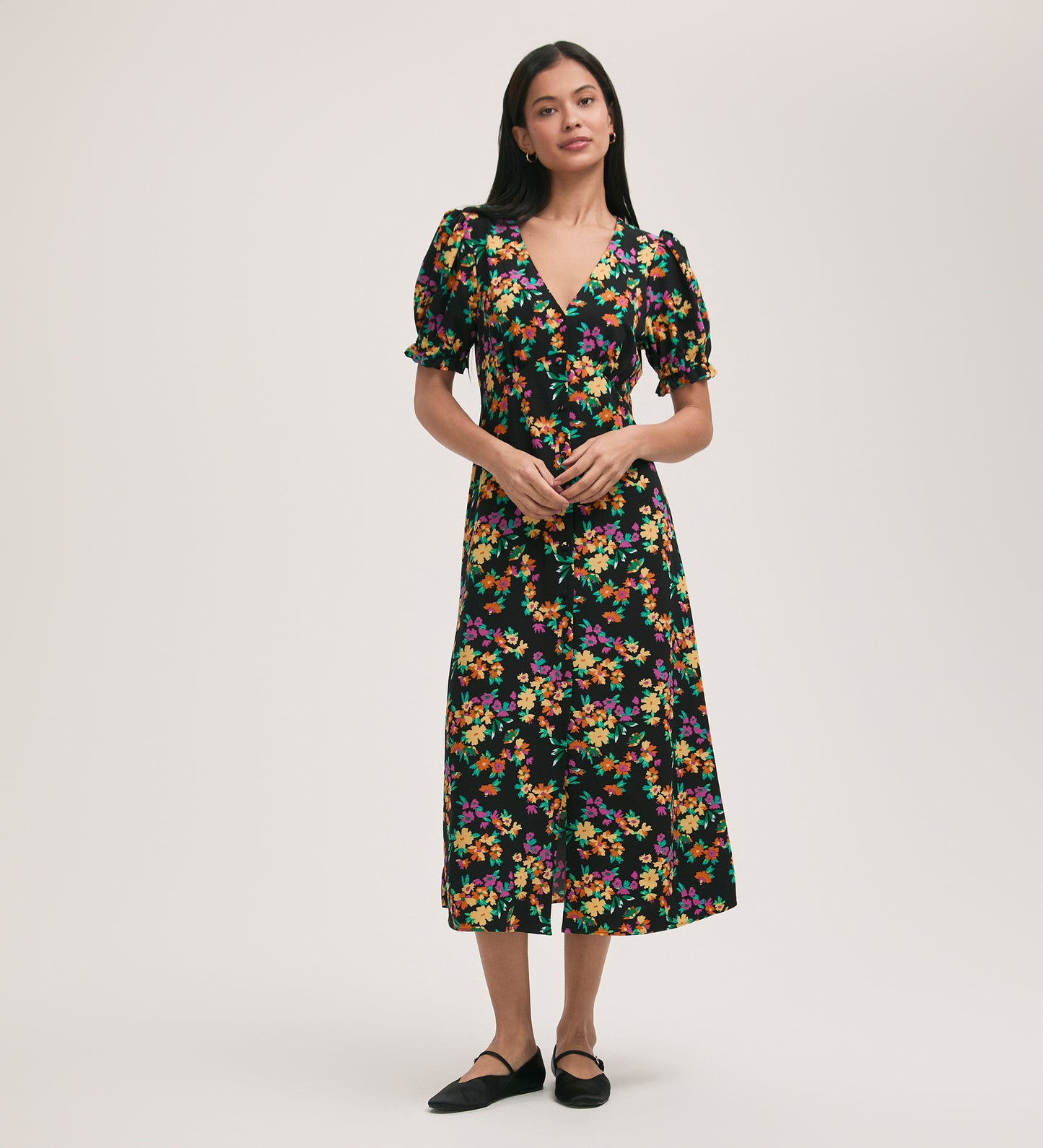 Alia Black Floral Crepe Midi Dress