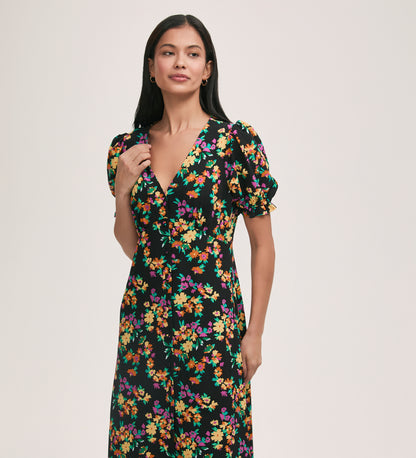 Alia Black Floral Crepe Midi Dress