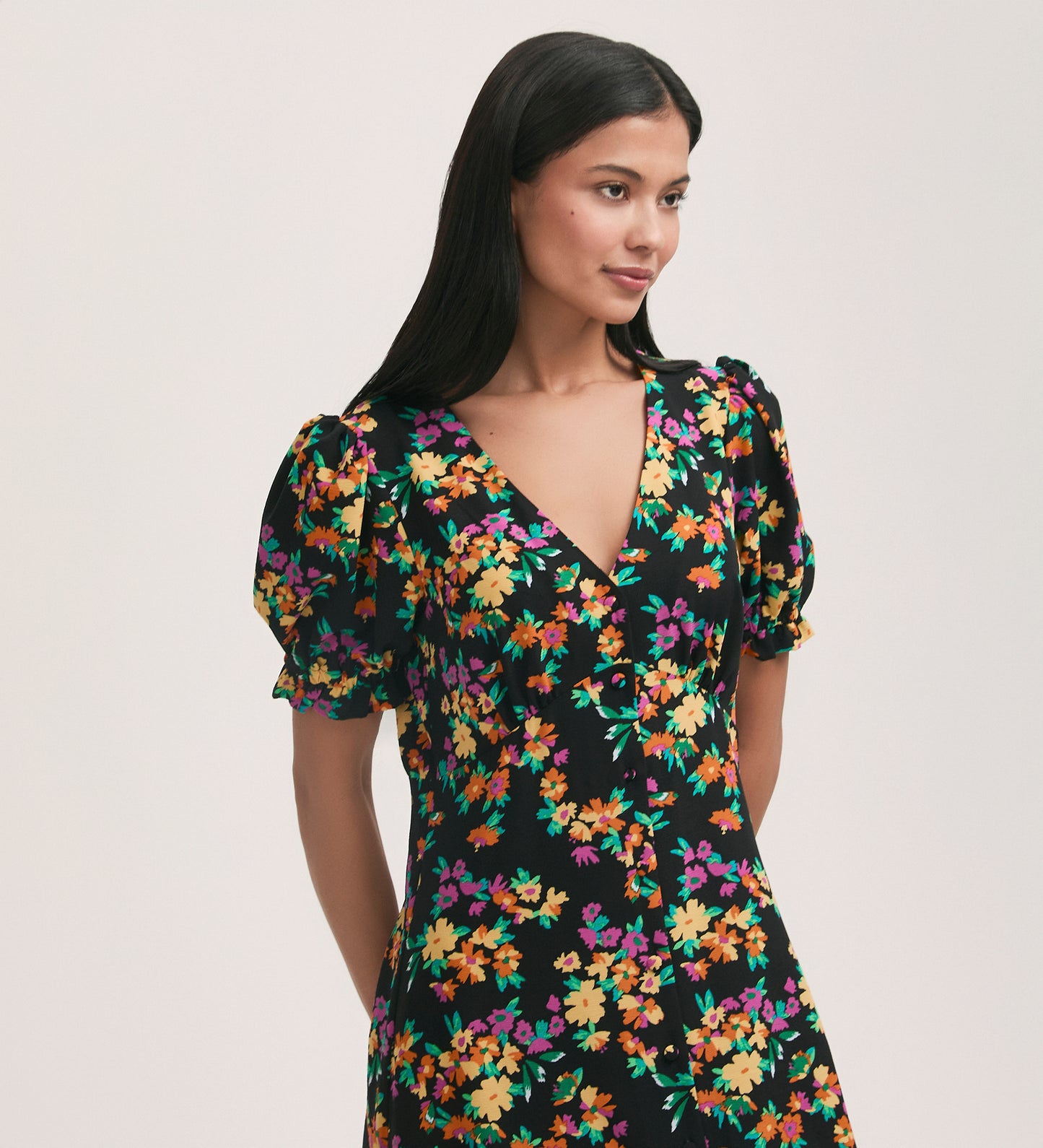 Alia Black Floral Crepe Midi Dress