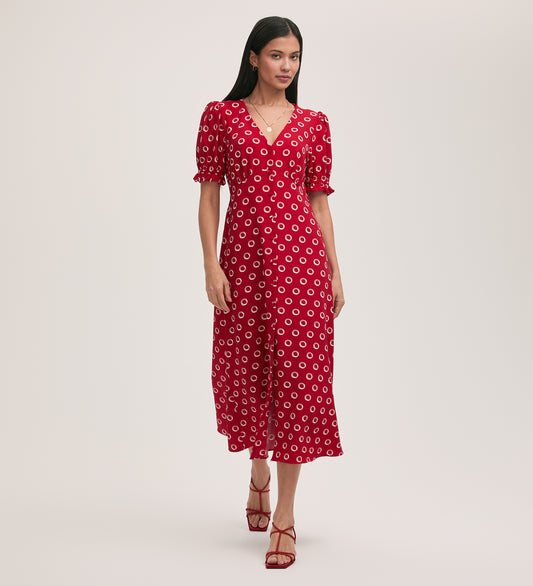 Alia Red Polka Dot Crepe Midi Dress