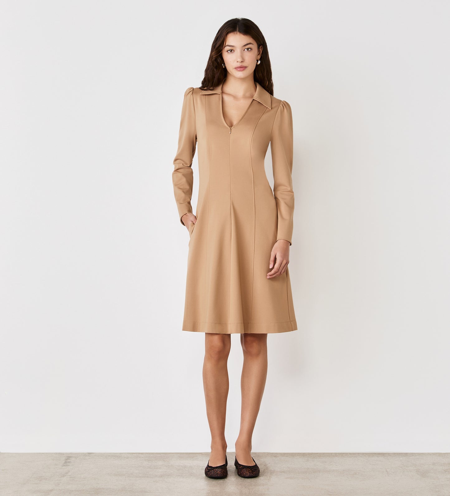 Bethany Camel Ponte Jersey Knee Length Dress