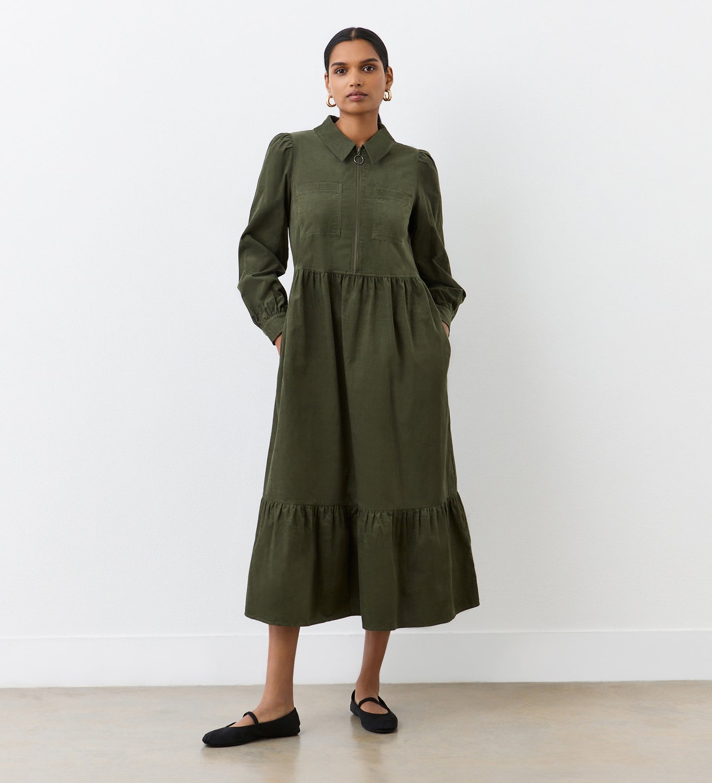 Callie Khaki Corduroy Midi Dress