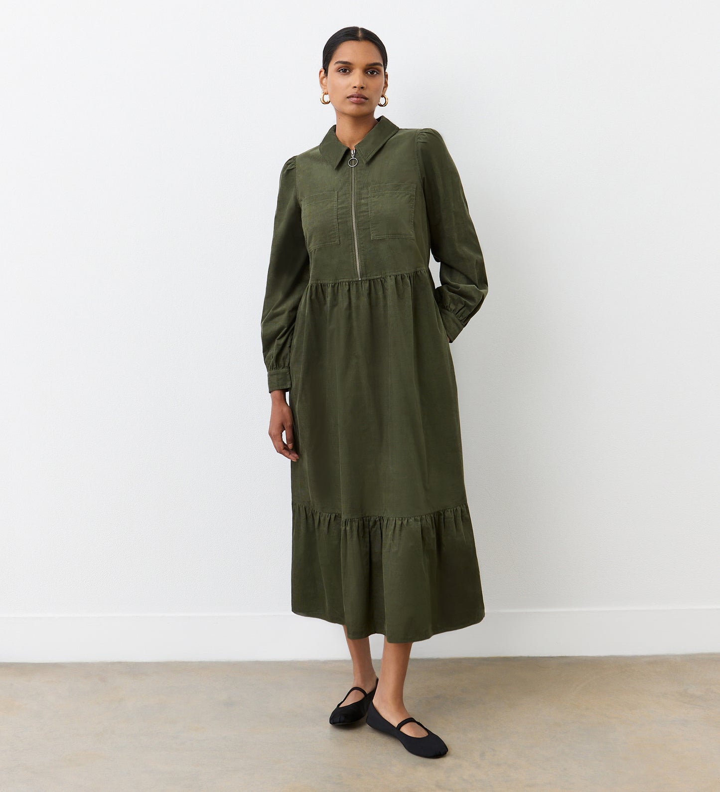 Callie Khaki Corduroy Midi Dress