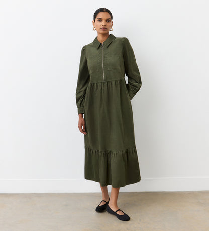 Callie Khaki Corduroy Midi Dress