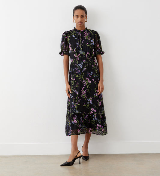 Camille Black Floral Chiffon Midi Dress