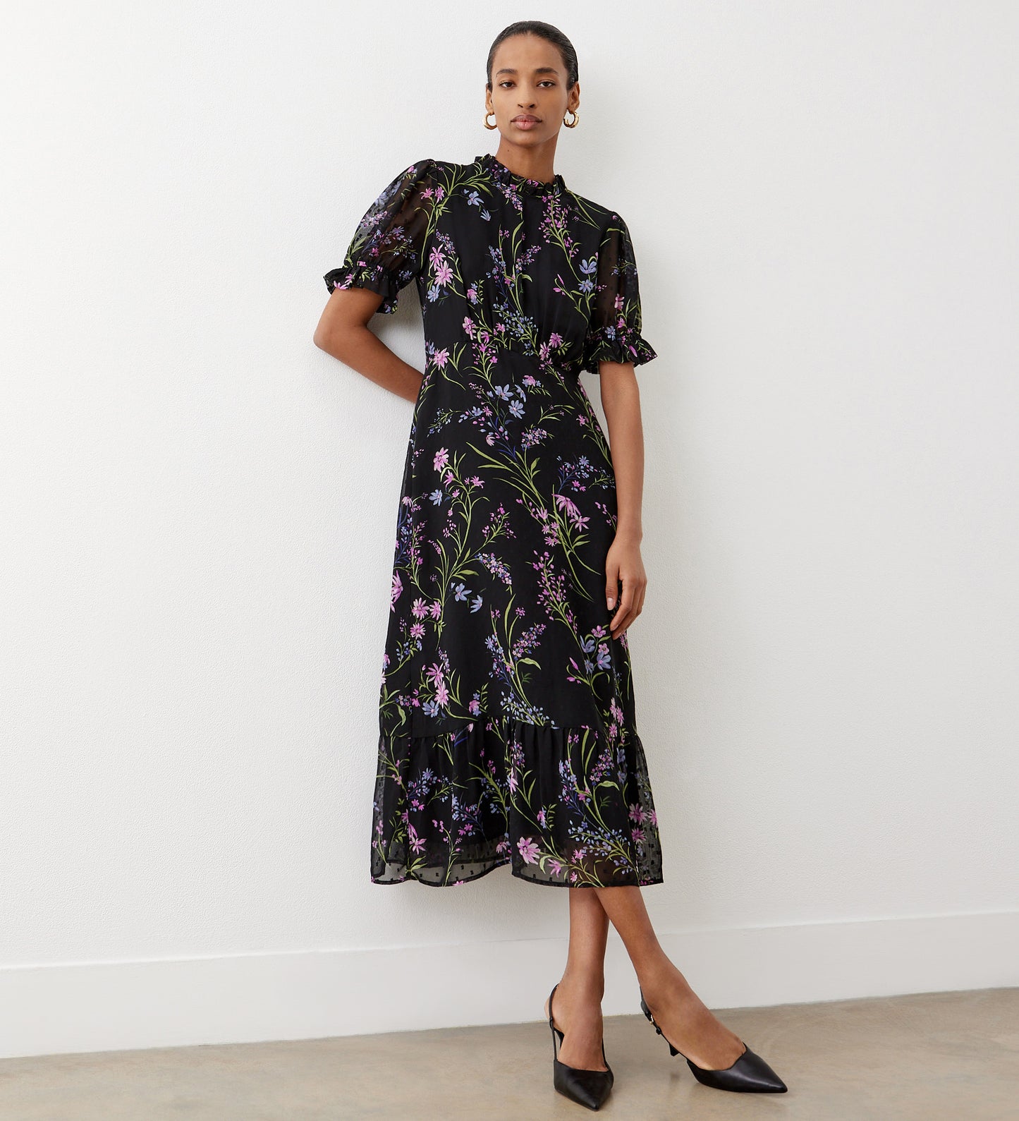 Camille Black Floral Chiffon Midi Dress