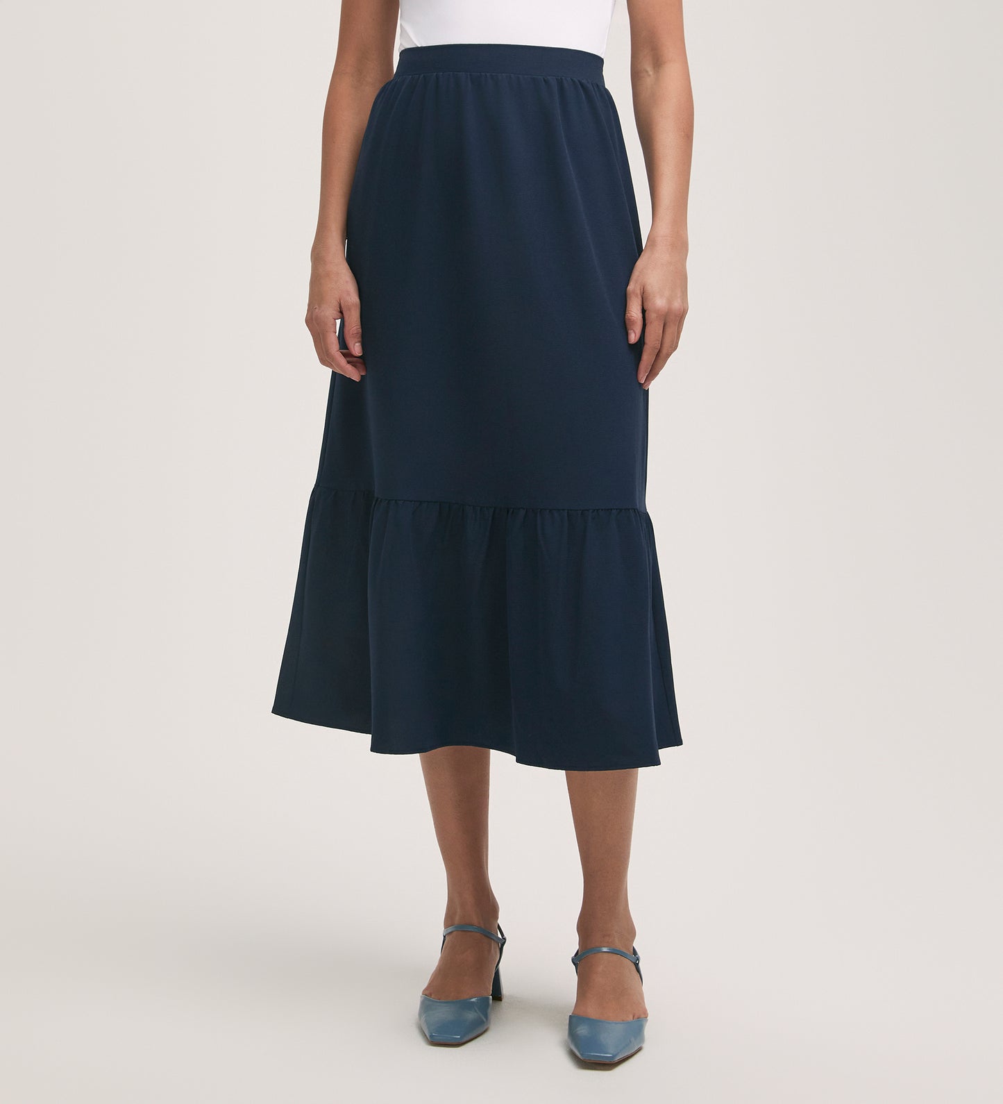 Riley Navy Tiered Crepe Midi Skirt