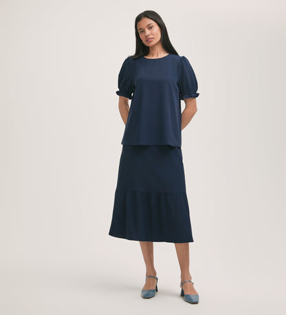 Riley Navy Tiered Crepe Midi Skirt