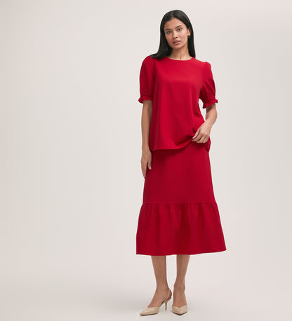 Riley Red Crepe Tiered Midi Skirt