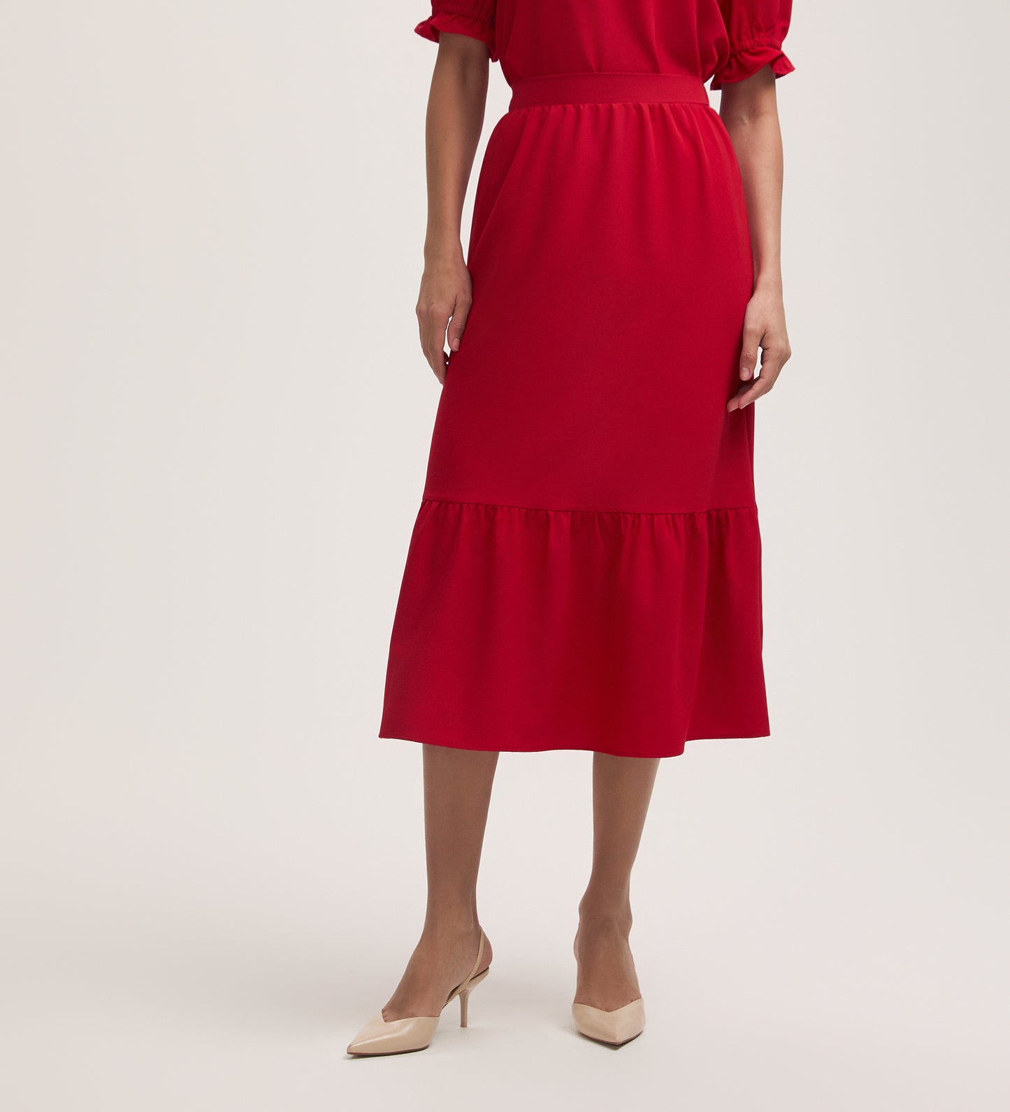 Riley Red Crepe Tiered Midi Skirt