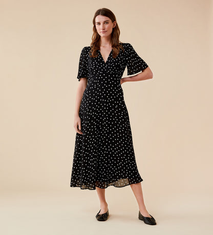 Carolina Black Spot Chiffon Midi Dress