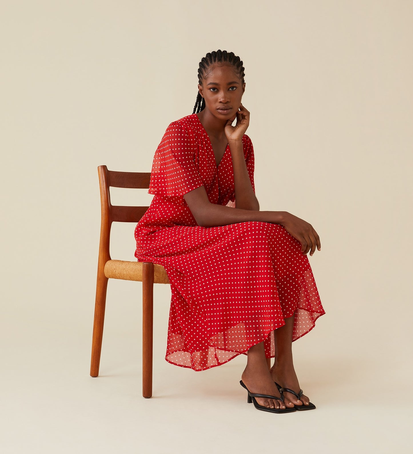 Carolina Red Polka Dot Chiffon Midi Dress