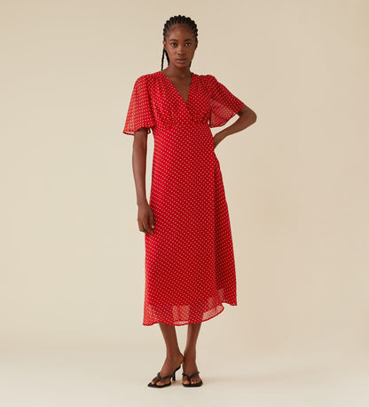 Carolina Red Polka Dot Chiffon Midi Dress