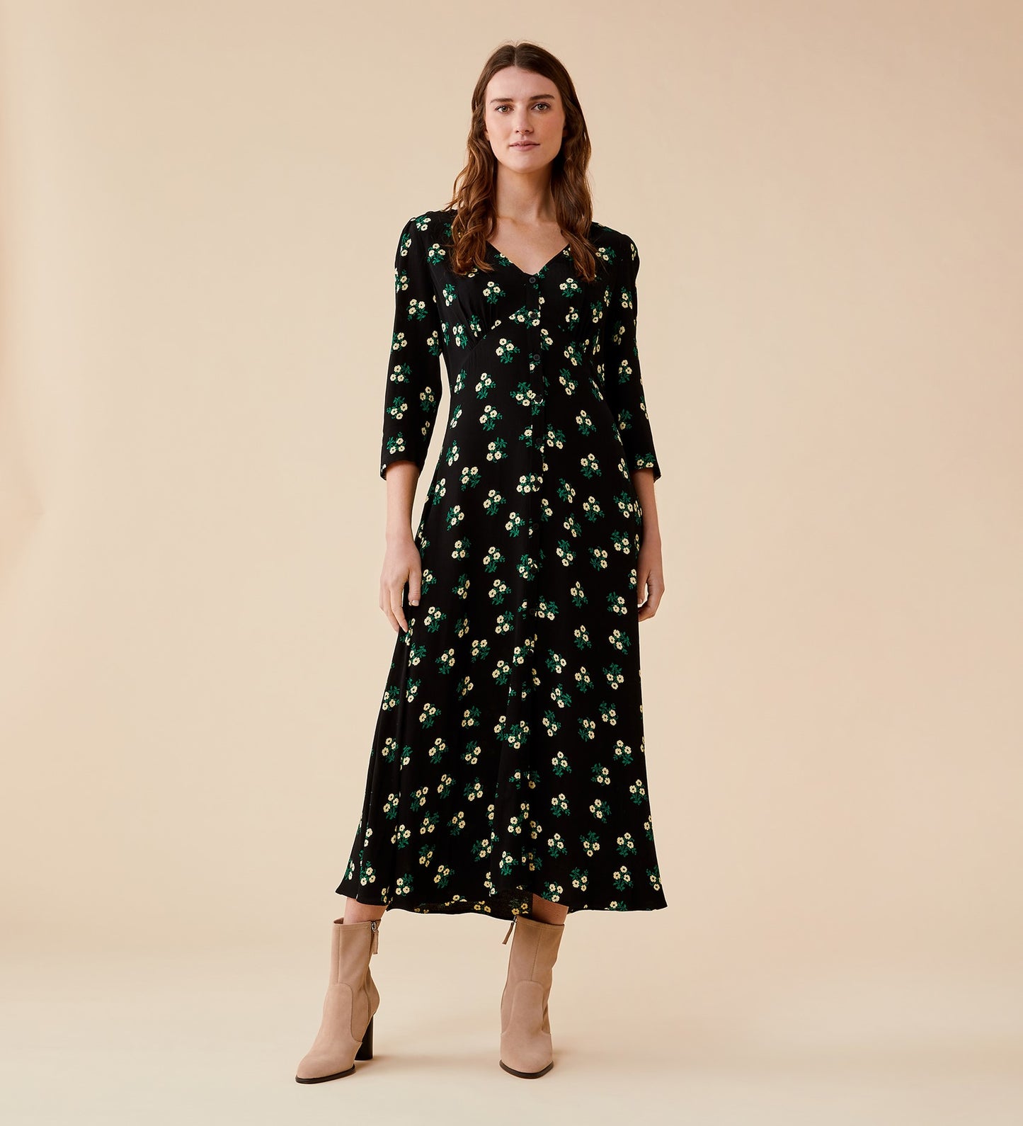 Cindy Midi Crepe Black Daisies Dress