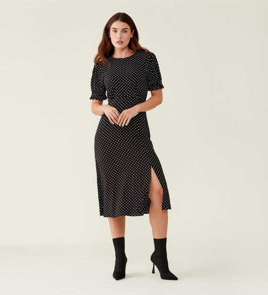 Jaylen Black Spot Midi Dress                     LENZING™ ECOVERO™