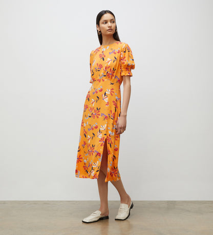 Jaylen Orange Floral Midi Dress                     LENZING™ ECOVERO™