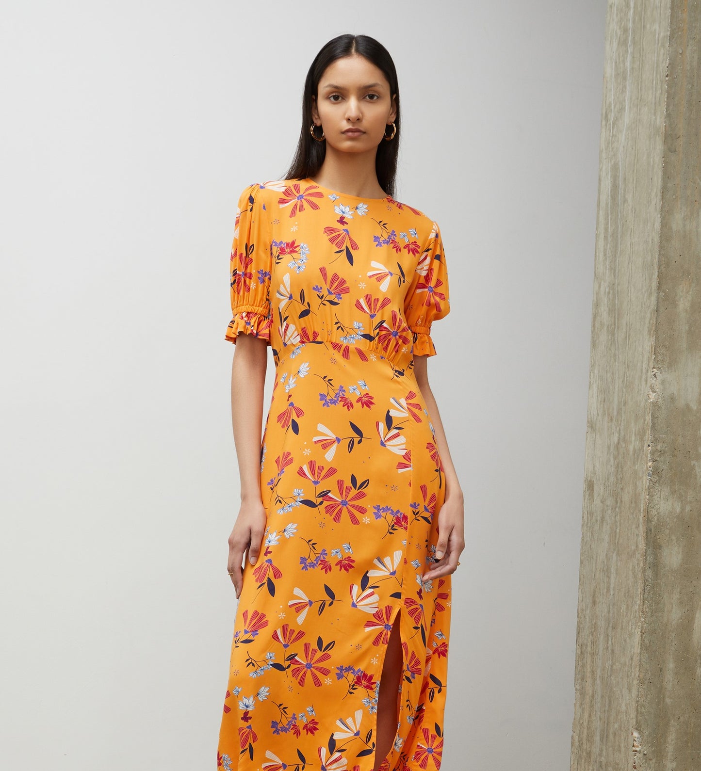 Jaylen Orange Floral Midi Dress                     LENZING™ ECOVERO™