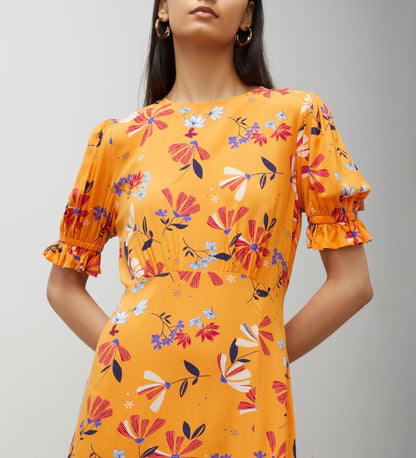 Jaylen Orange Floral Midi Dress                     LENZING™ ECOVERO™