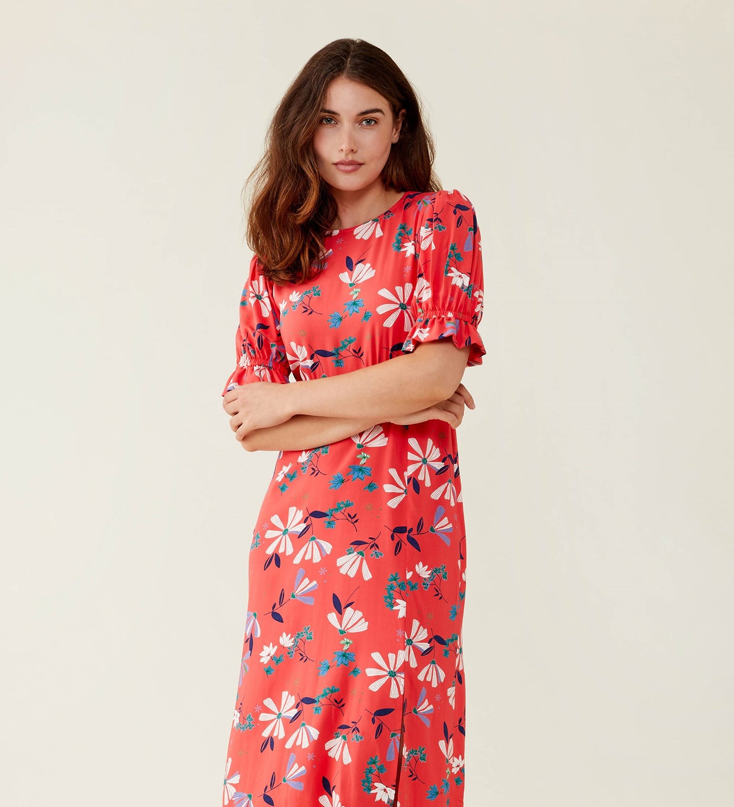 Jaylen Red Floral Midi Dress                     LENZING™ ECOVERO™