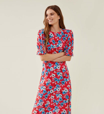 Jaylen Red Pansy Midi Dress                     LENZING™ ECOVERO™