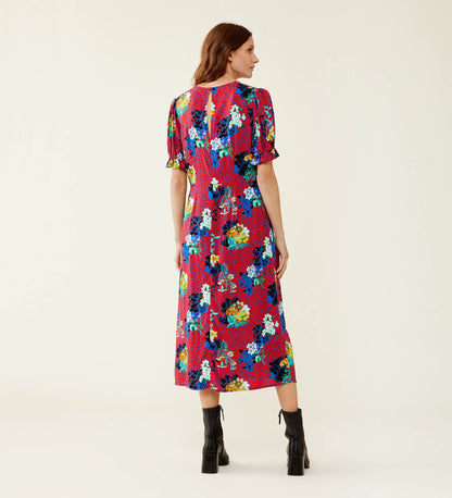 Jaylen Red Flowers Midi Dress                     LENZING™ ECOVERO™