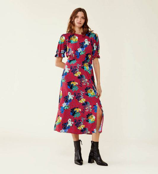 Jaylen Red Flowers Midi Dress                     LENZING™ ECOVERO™