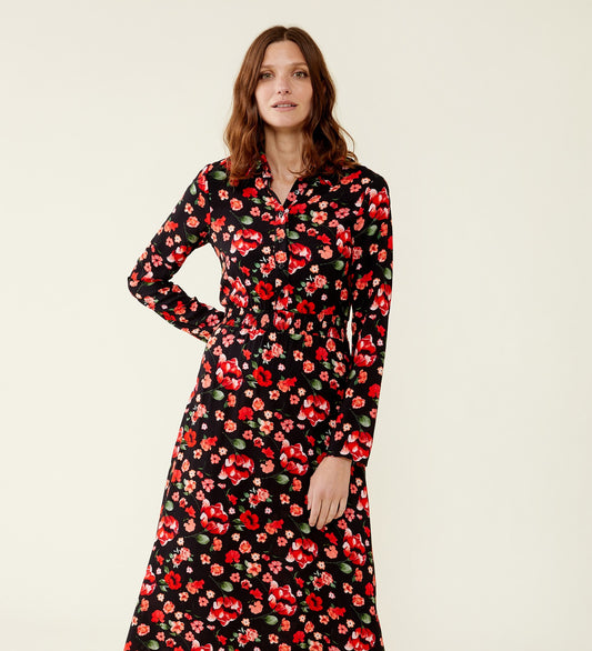 Cassie Red Floral Midi Shirt Dress LENZING™ ECOVERO™