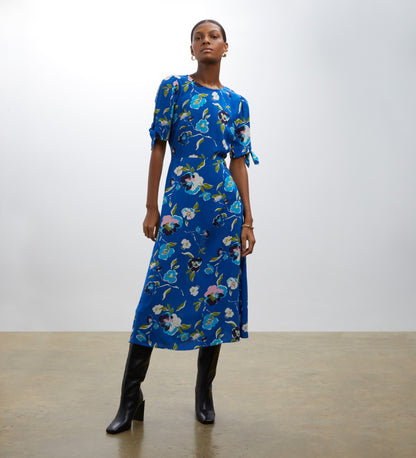 Caley Blue Poppy Print Midi Dress