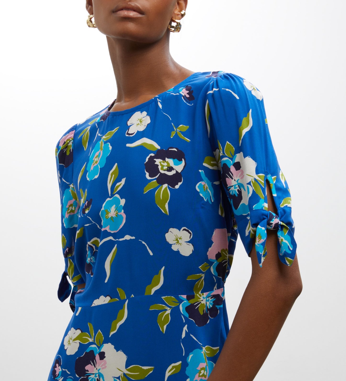 Caley Blue Poppy Print Midi Dress