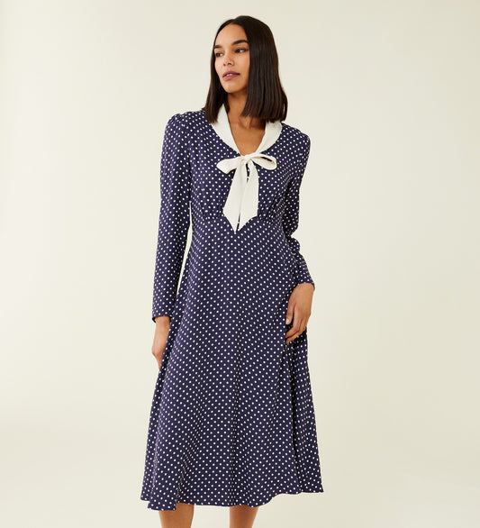 Berta Navy Spot Midi Dress