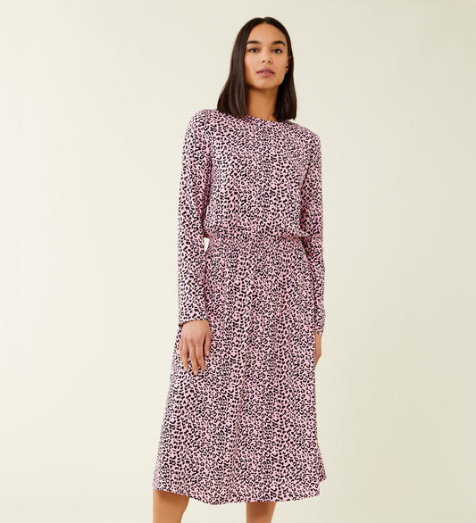 Theo Pink Leopard Print Midi Dress