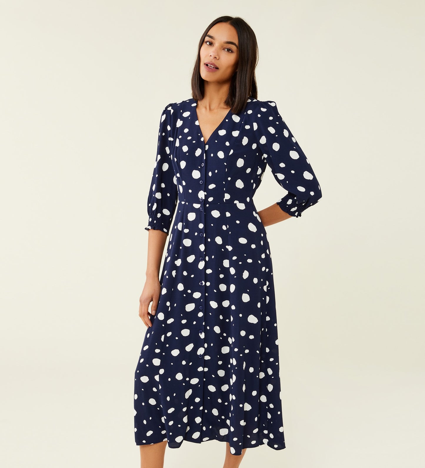 Norla Navy Spot Crepe Midi Dress