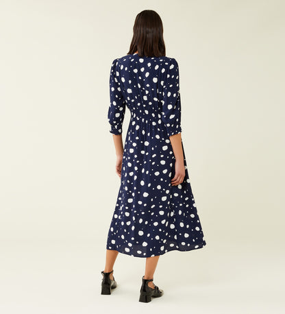 Norla Navy Spot Crepe Midi Dress