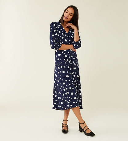 Norla Navy Spot Crepe Midi Dress