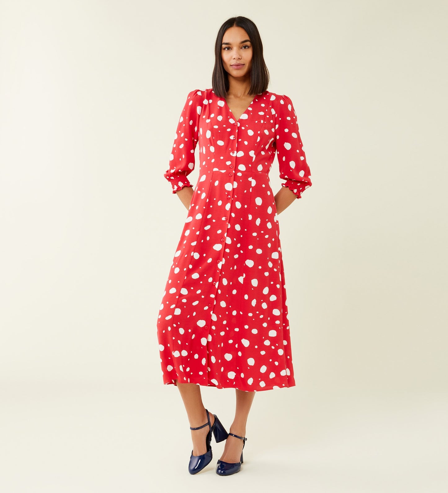 Norla Red Spot Crepe Midi Dress