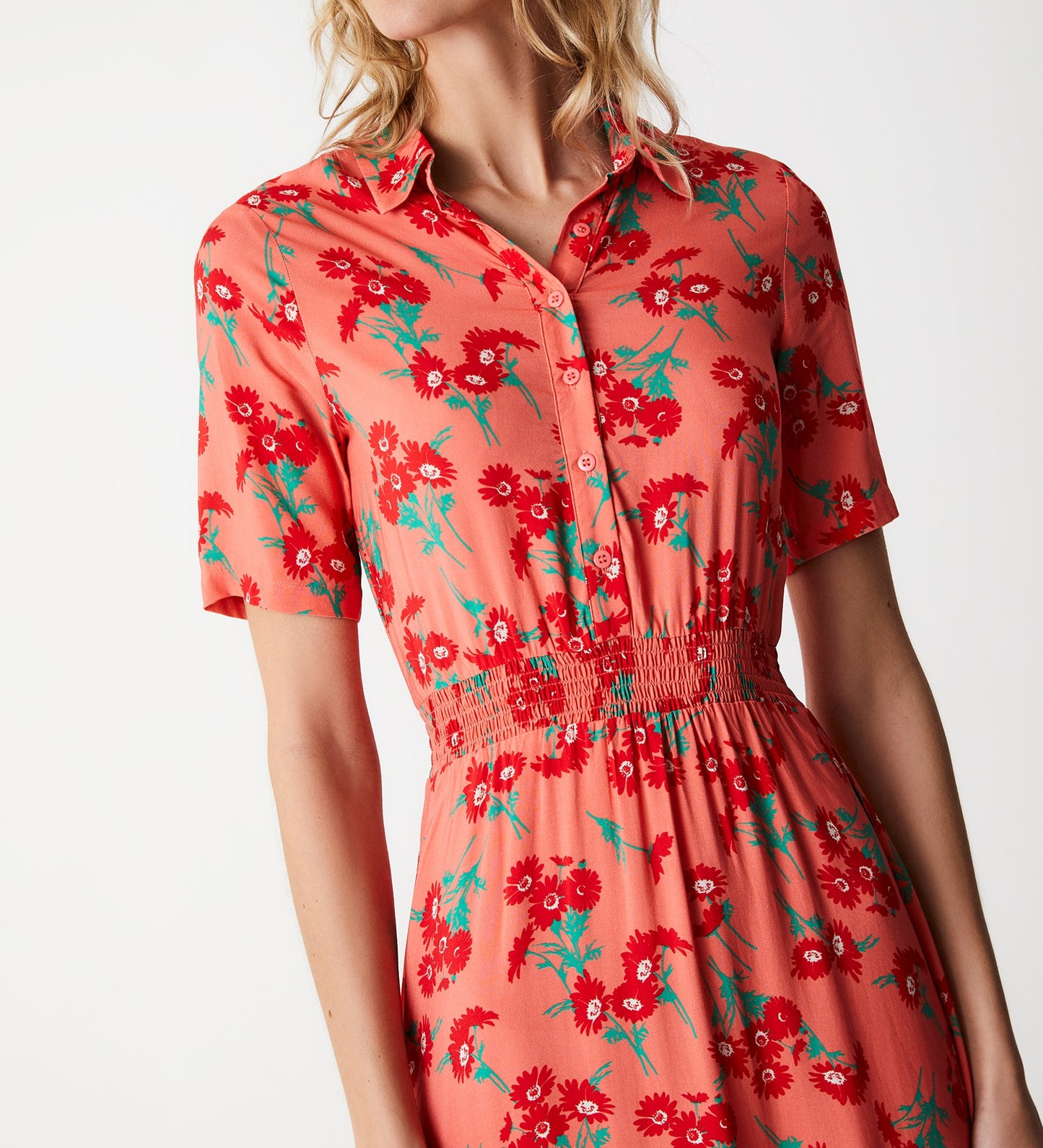 Adela Peach Daisies Midi Shirt Dress