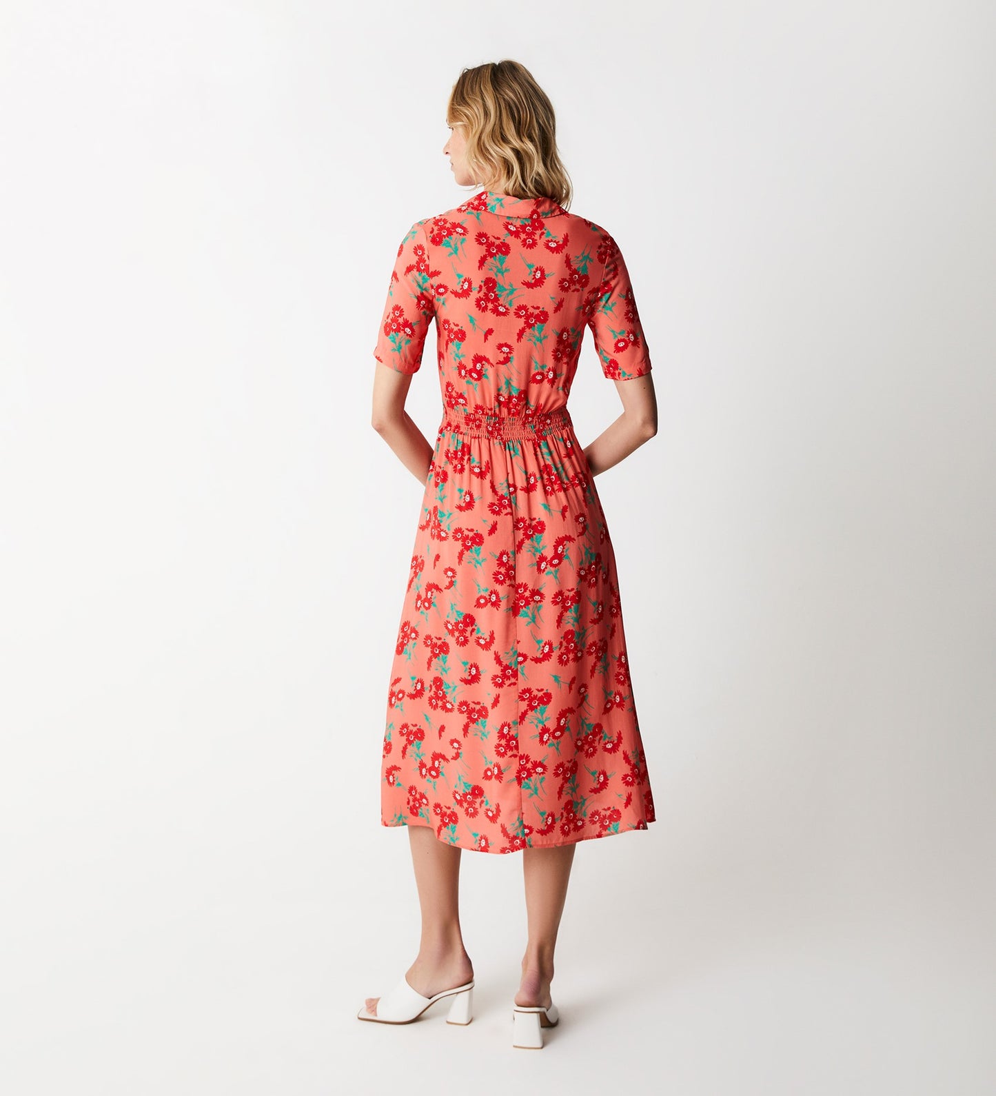 Adela Peach Daisies Midi Shirt Dress