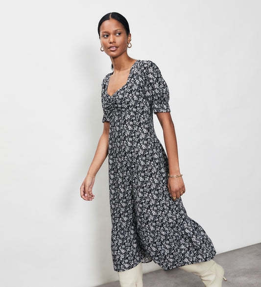 Talia Black Floral Midi Dress