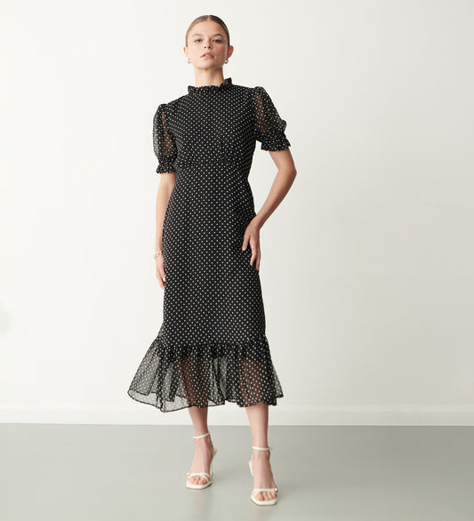 Camile Midi Black Polka Dot Dress