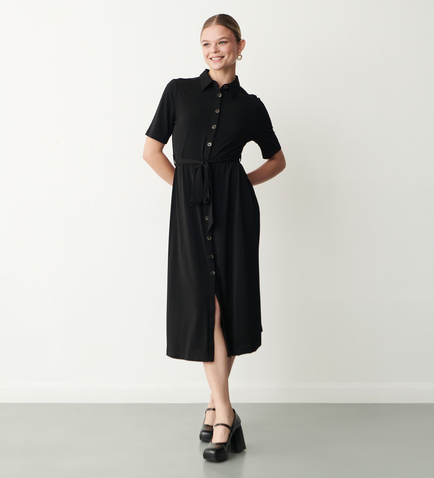 Maddie Black Jersey Crepe Midi Shirt Dress