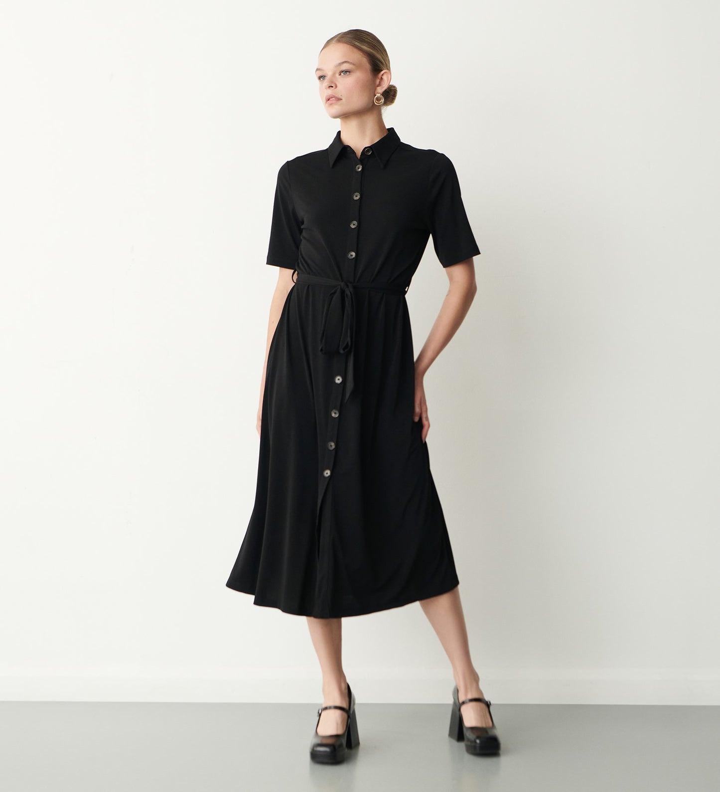 Maddie Black Jersey Crepe Midi Shirt Dress