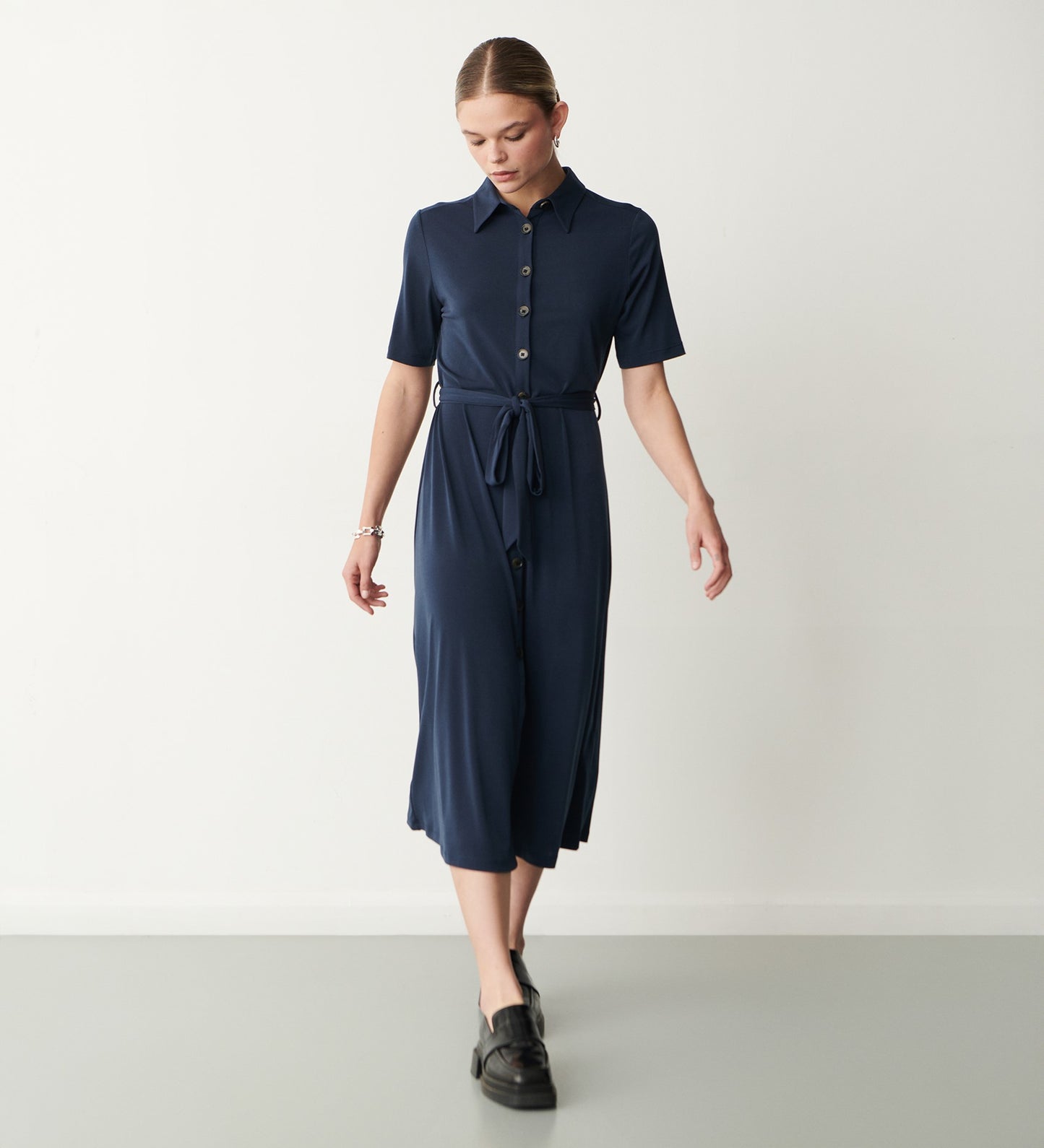 Maddie Navy Jersey Crepe Midi Shirt Dress