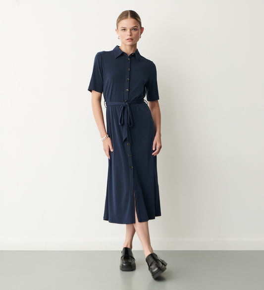 Maddie Navy Jersey Crepe Midi Shirt Dress