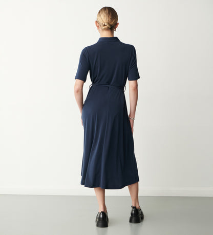 Maddie Navy Jersey Crepe Midi Shirt Dress