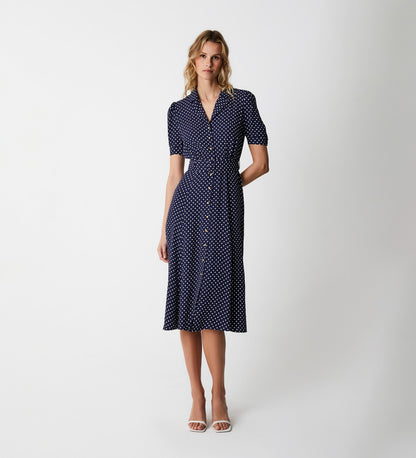 Zara Navy Spot Satin Midi Shirt Dress