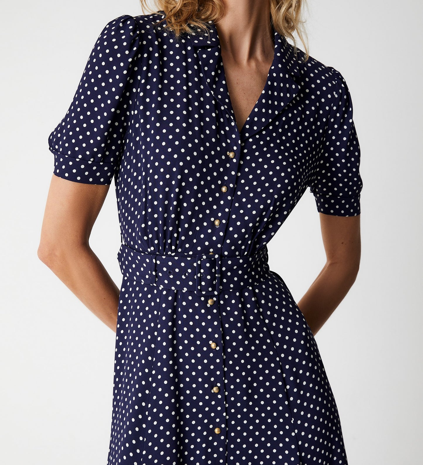 Zara Navy Spot Satin Midi Shirt Dress