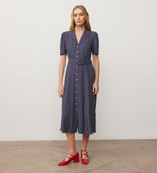 Zara Navy Spot Satin Midi Shirt Dress